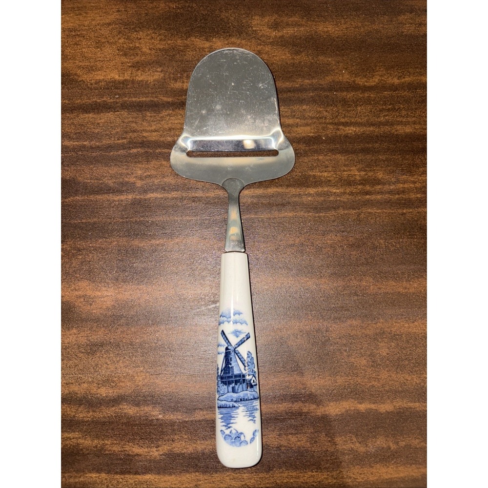 Vintage Delft Cheese Slicer , Ceramic Handle, Dutch Blue & White Windmill